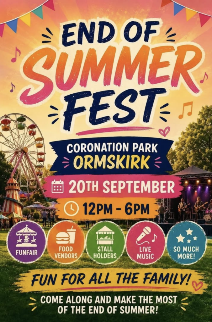 End of Summer Fest poster from C ’n’ D Events for Coronation Park, Ormskirk, 20 September 2026, 12pm to 6pm